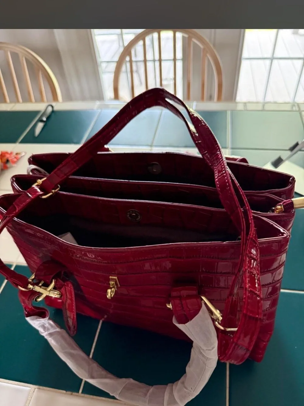 Structured Croc-Embossed Shoulder Bag in Deep Wine